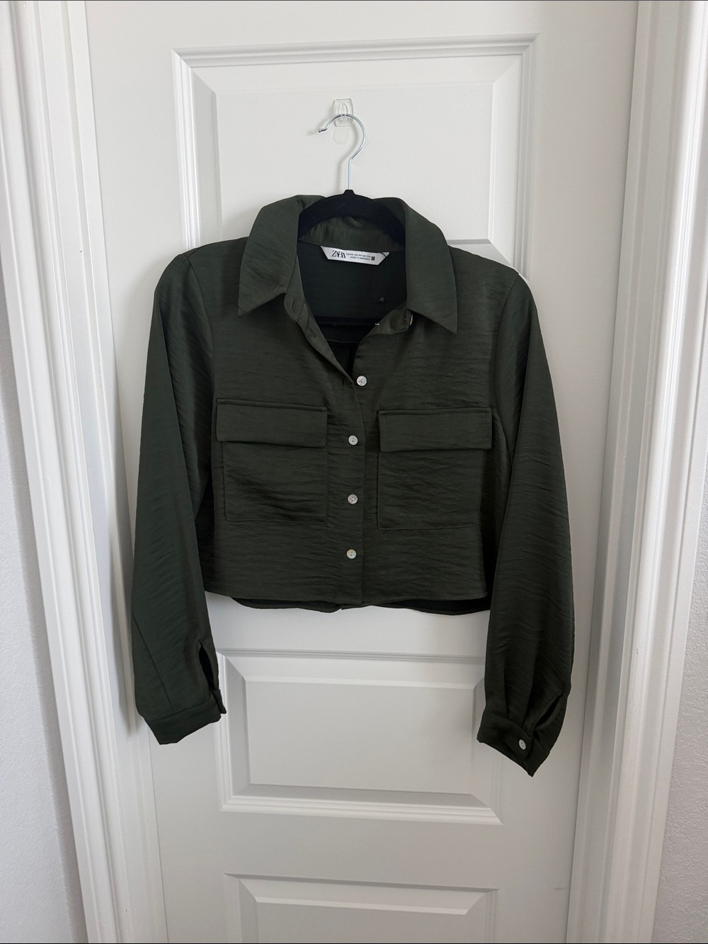 Zara Dark Olive Cropped Button-Front Jacket